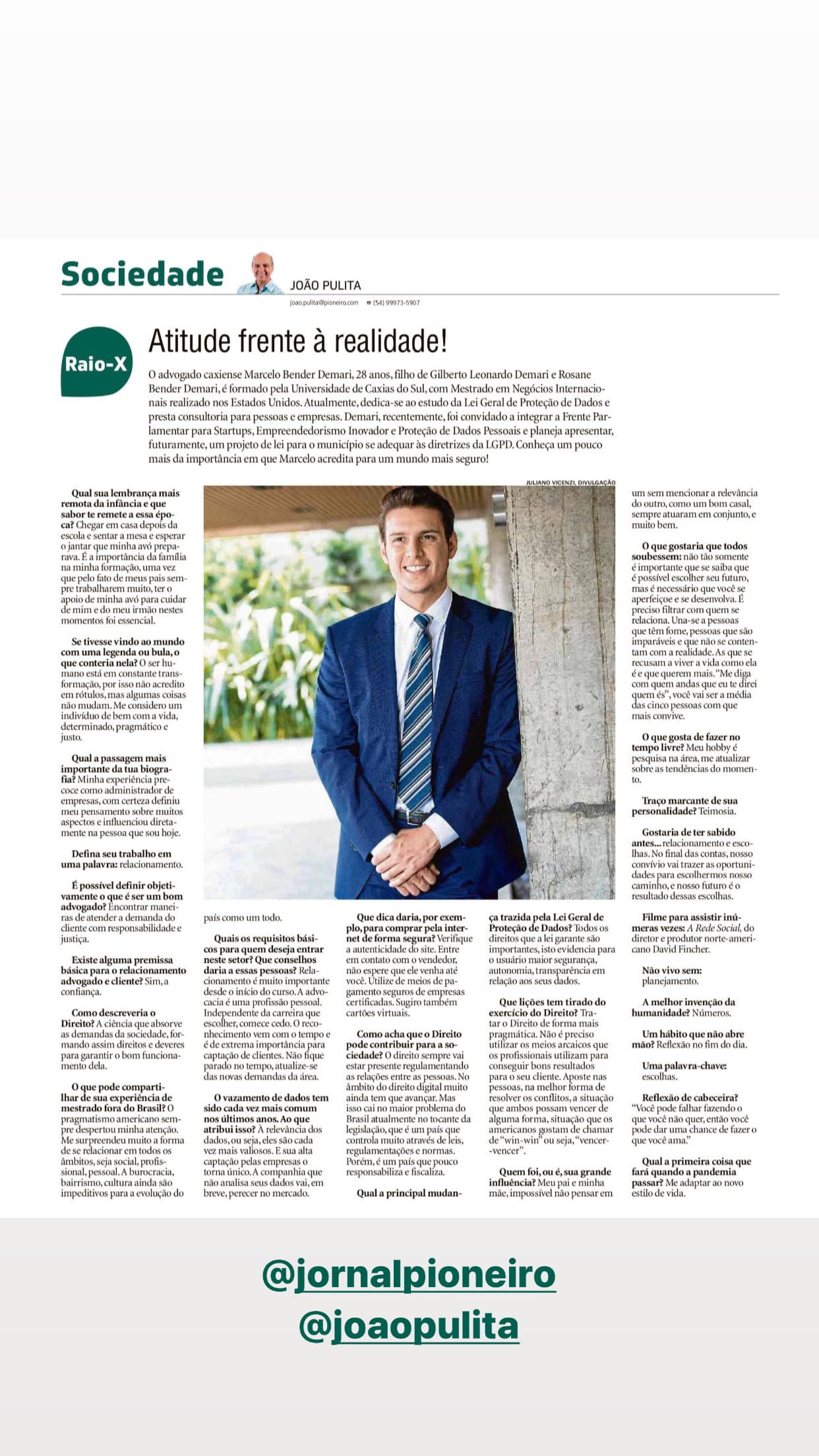 Recorte do Jornal Pioneiro com a entrevista Atitude frente à realidade.