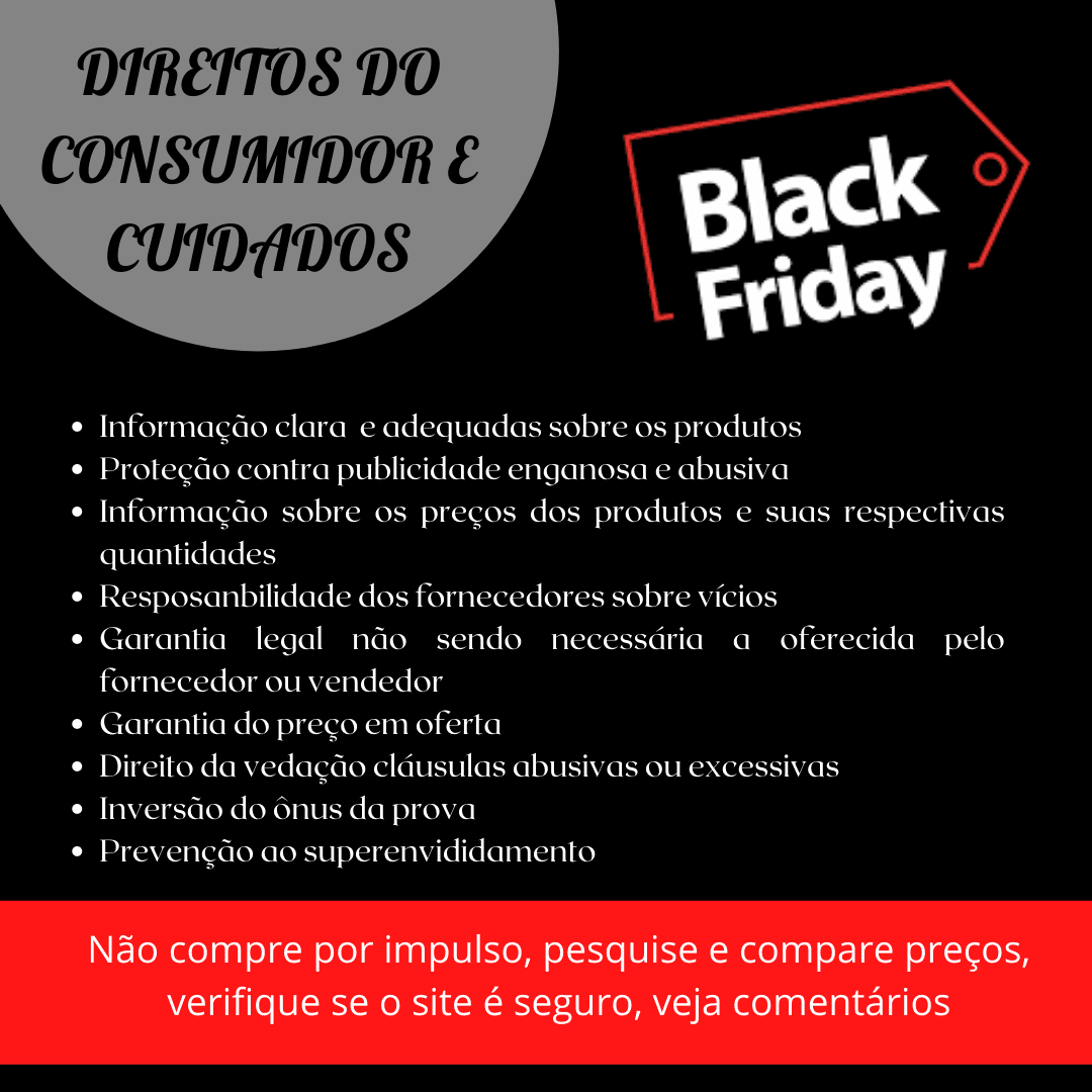 Arte informativa sobre Black Friday e direitos do consumidor.