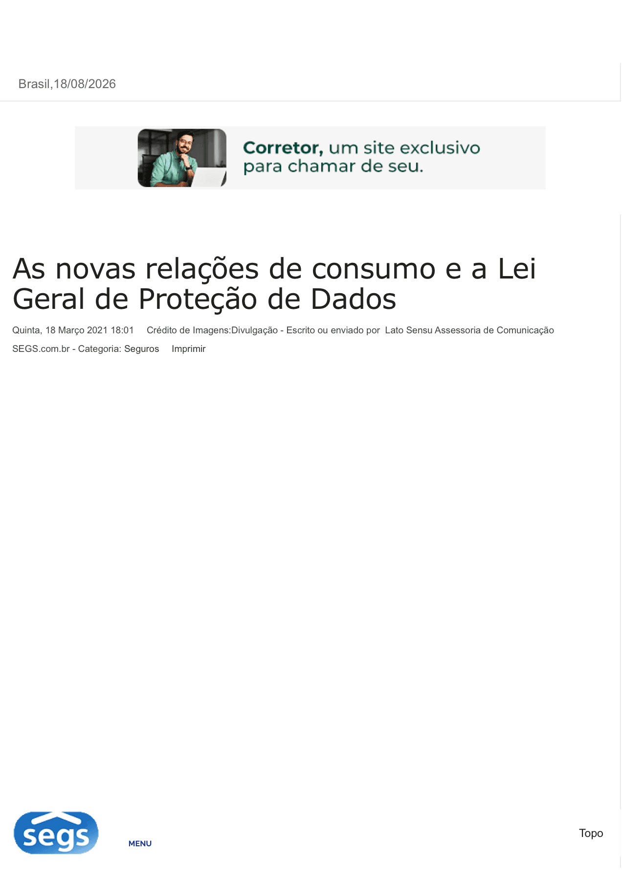 Registro da publicação As novas relações de consumo e a Lei Geral de Proteção de Dados no portal SEGS.