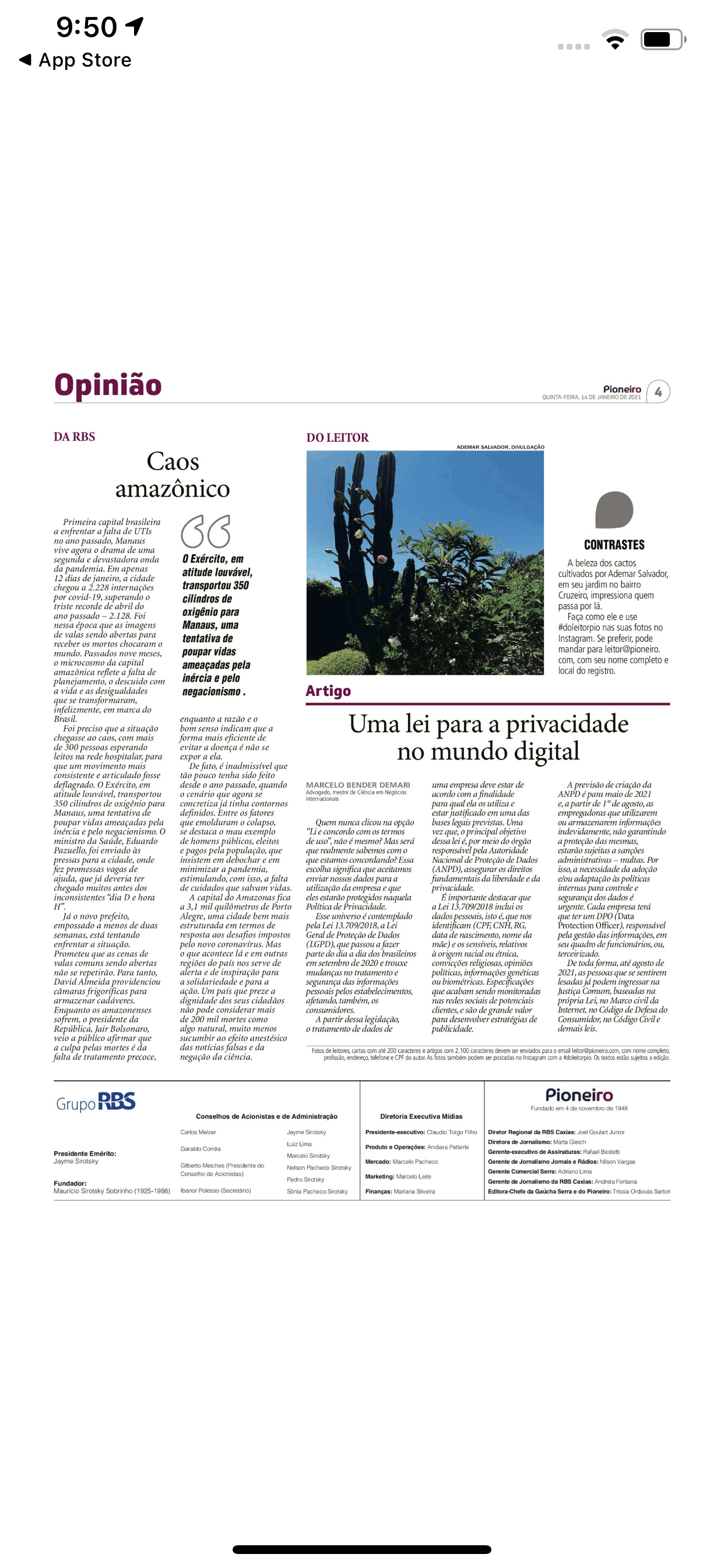 Página do Jornal Pioneiro com o artigo Uma lei para a privacidade no mundo digital.